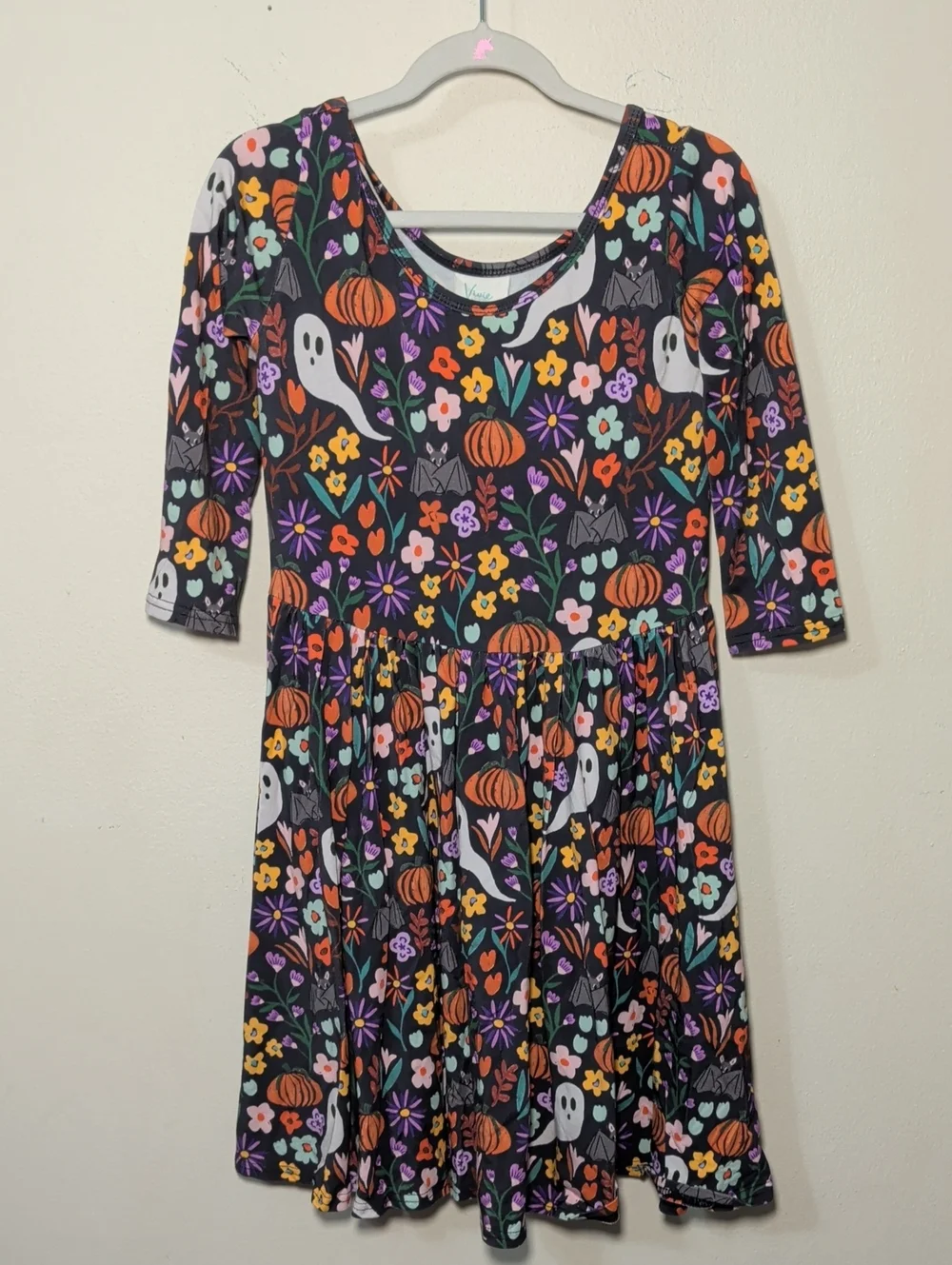Vivie & Ash Floral Halloween Dress Black Colorful Ghosts Pumpkins Girls Size 8